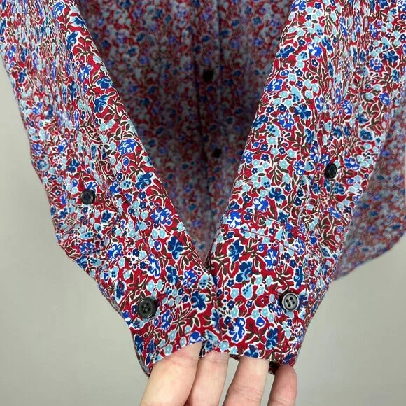 J. Crew Classic Fit 100% Silk Blouse Womens 8 Red Floral‎ Long Sleeve Button Up - Picture 7 of 11